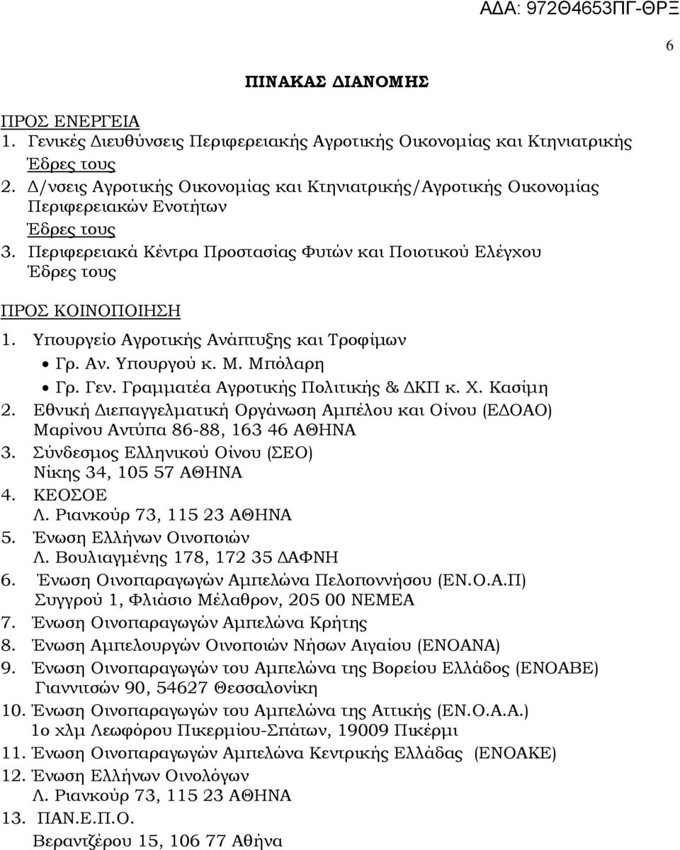 Υπουργείο Αγροτικής Ανάπτυξης και Τροφίµων Γρ. Αν. Υπουργού κ. Μ. Μπόλαρη Γρ. Γεν. Γραµµατέα Αγροτικής Πολιτικής & ΚΠ κ. Χ. Κασίµη 2.