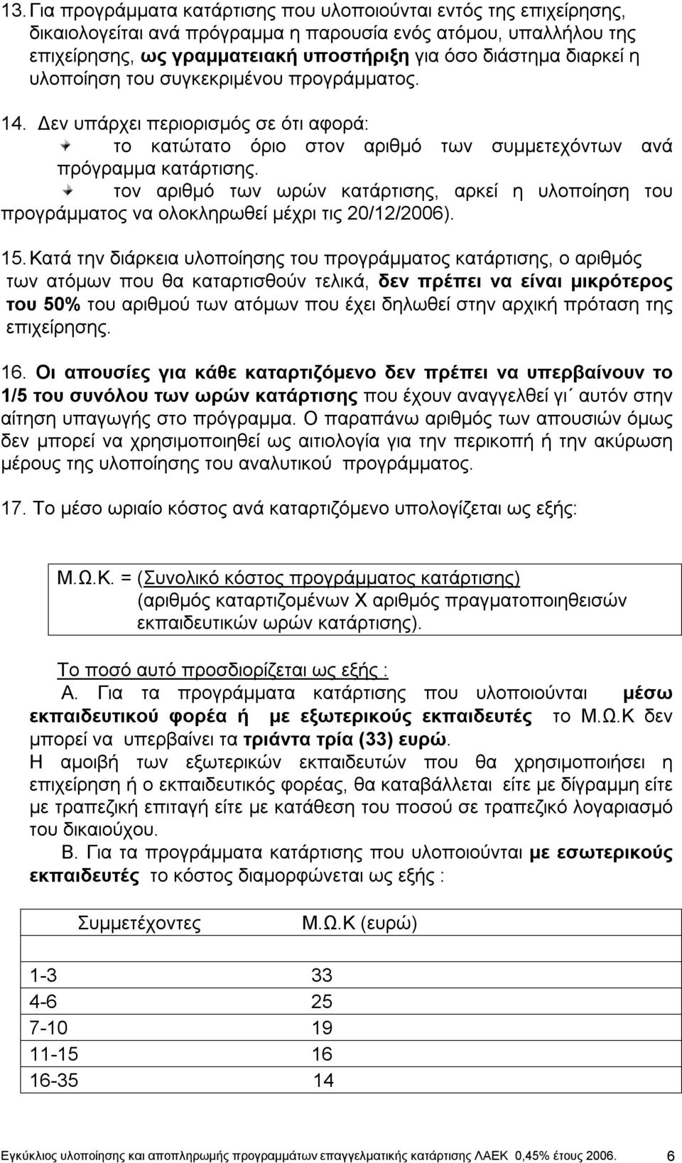 τον αριθμό των ωρών κατάρτισης, αρκεί η υλοποίηση του προγράμματος να ολοκληρωθεί μέχρι τις 20/12/2006). 15.