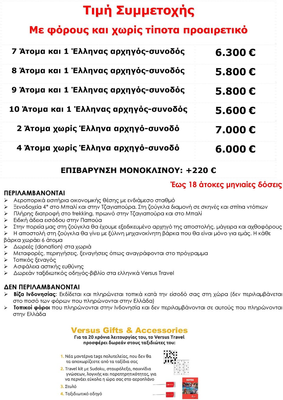 000 ΕΠΙΒΑΡΥΝΣΗ MONΟΚΛΙNOY: +220 Έως 18 άτοκες μηνιαίες δόσεις ΠΕΡΙΛΑΜΒΑΝΟΝΤΑΙ Αεροπορικά εισιτήρια οικονομικής θέσης με ενδιάμεσο σταθμό Ξενοδοχεία 4* στο Μπαλί και στην Τζαγιαπούρα.
