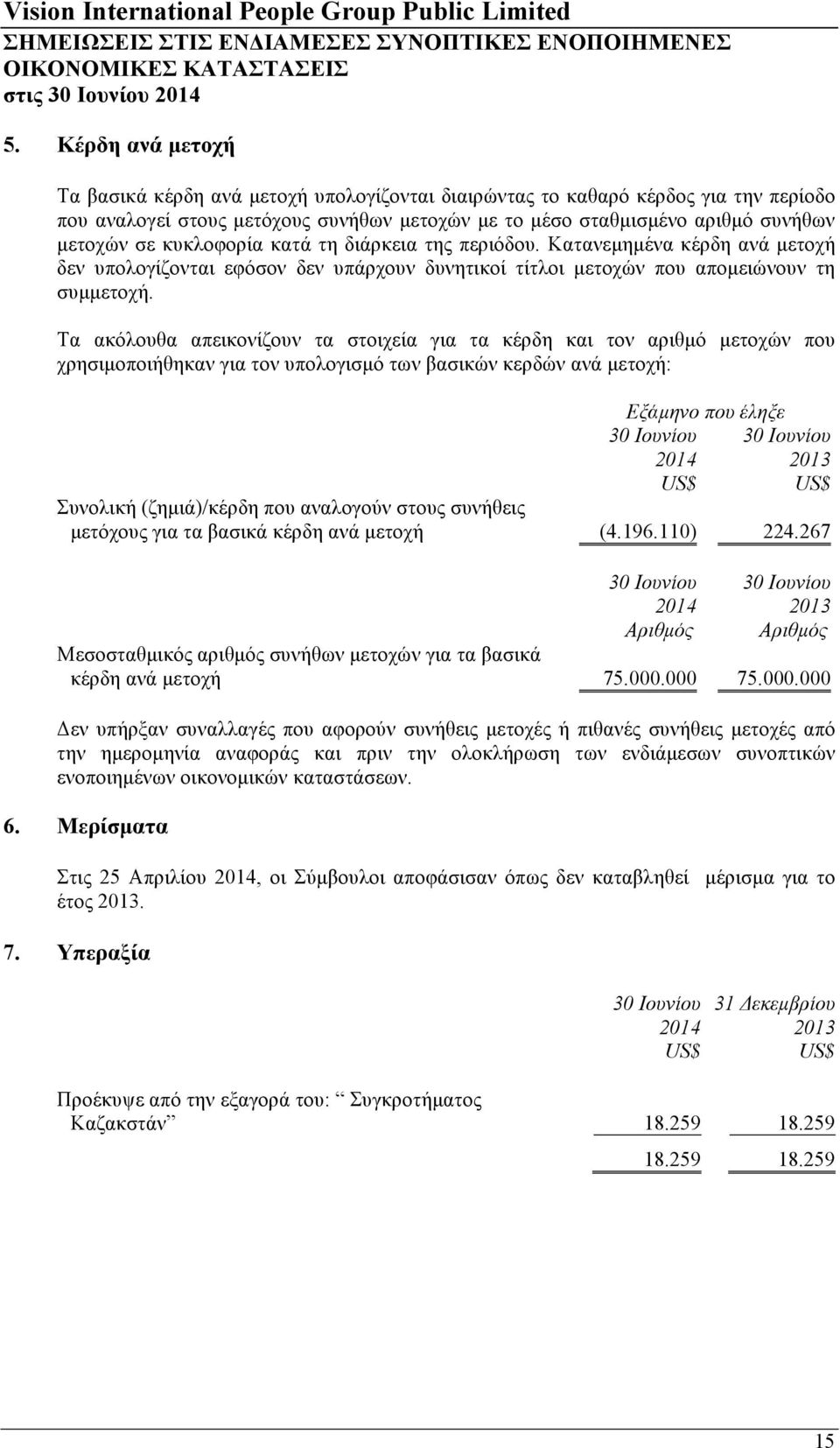 Τα ακόλουθα απεικονίζουν τα στοιχεία για τα κέρδη και τον αριθµό µετοχών που χρησιµοποιήθηκαν για τον υπολογισµό των βασικών κερδών ανά µετοχή: Εξάµηνο που έληξε 2014 2013 US$ US$ Συνολική