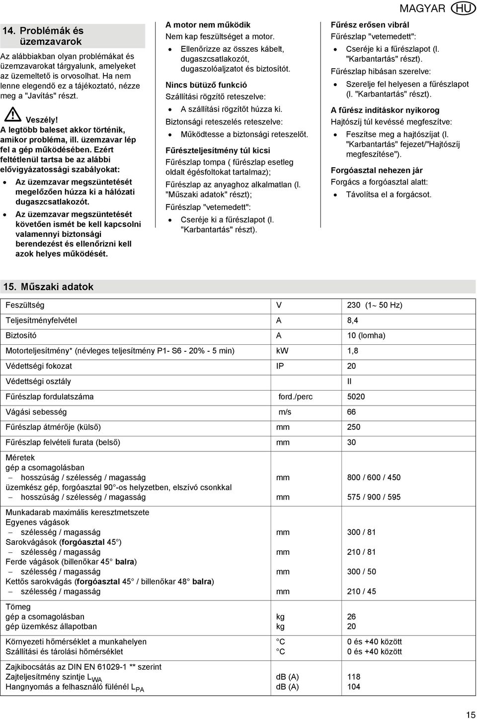 Ezért feltétlenül tartsa be az alábbi elővigyázatossági szabályokat: Az üzemzavar megszüntetését megelőzően húzza ki a hálózati dugaszcsatlakozót.