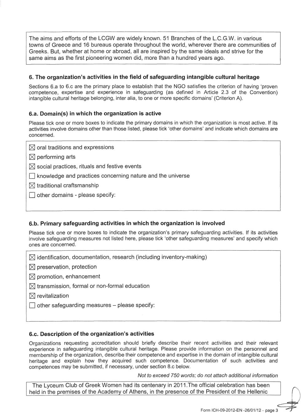 The organization's activities in the field of safeguarding intangible cultural heritage Sections 6.a to 6.