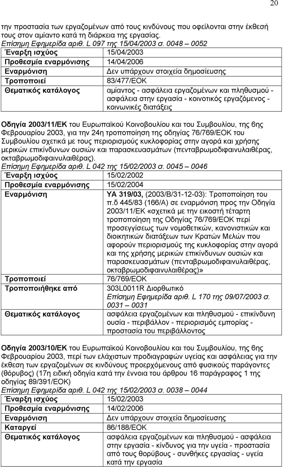 εργασία - κοινοτικός εργαζόμενος - κοινωνικές διατάξεις Οδηγία 2003/11/ΕΚ του Ευρωπαϊκού Κοινοβουλίου και του Συμβουλίου, της 6ης Φεβρουαρίου 2003, για την 24η τροποποίηση της οδηγίας 76/769/ΕΟΚ του