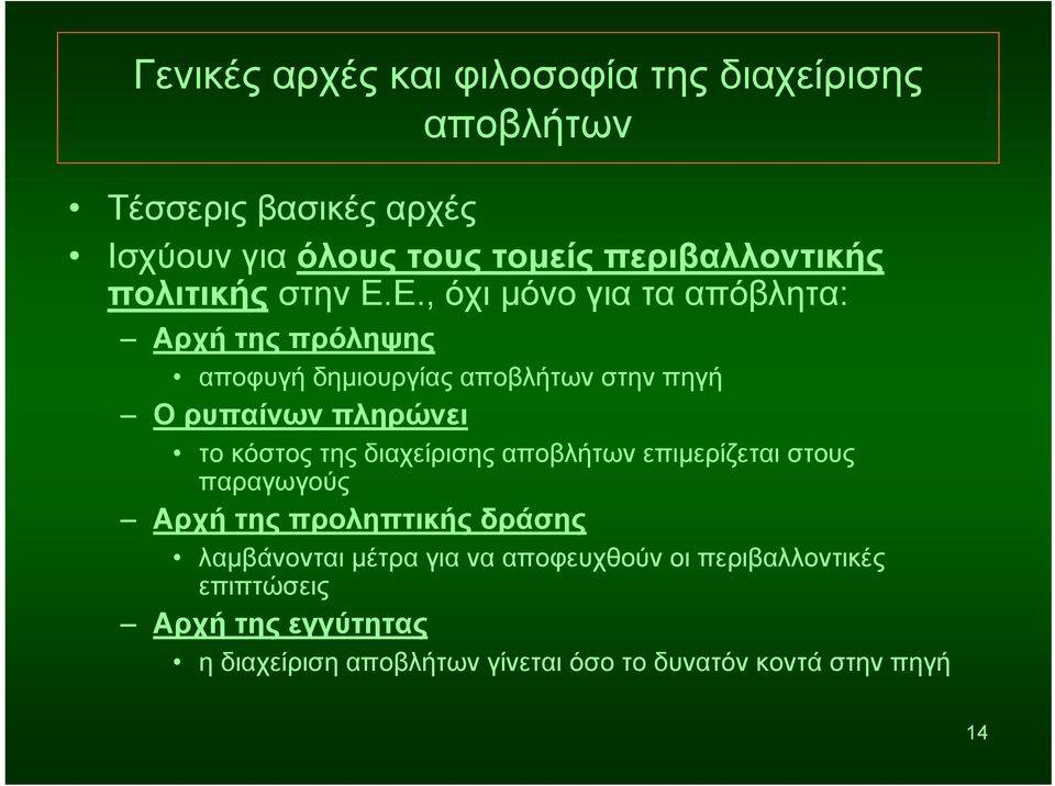 Ε., όχι μόνο για τα απόβλητα: Αρχή της πρόληψης αποφυγή δημιουργίας αποβλήτων στην πηγή Ο ρυπαίνων πληρώνει το κόστος της