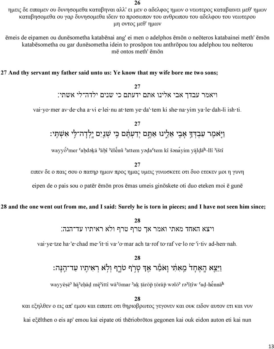 neōterou mē ontos meth' ēmōn 27 And thy servant my father said unto us: Ye know that my wife bore me two sons; 27 ויאמר עבדך אבי אלינו אתם ידעתם כי שנים ילדה לי אשתי vai yo mer av de cha a vi e lei