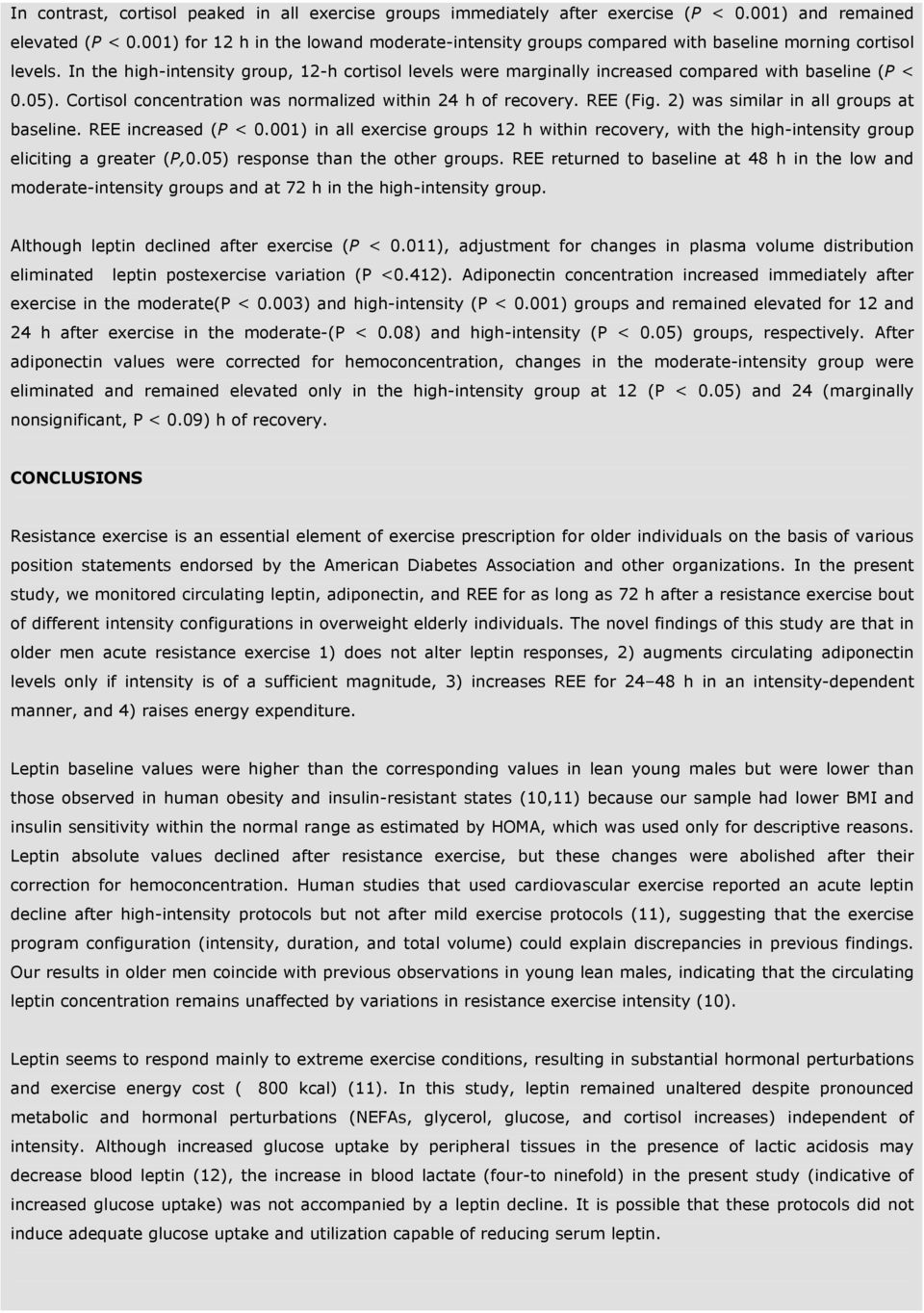 In the high-intensity group, 12-h cortisol levels were marginally increased compared with baseline (P < 0.05). Cortisol concentration was normalized within 24 h of recovery. REE (Fig.