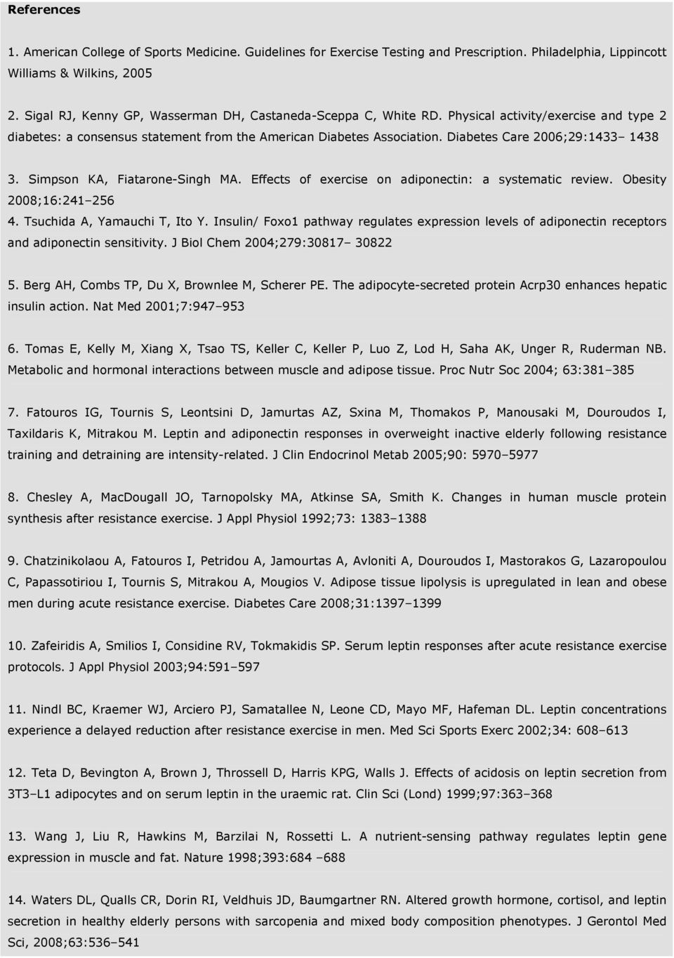 Diabetes Care 2006;29:1433 1438 3. Simpson KA, Fiatarone-Singh MA. Effects of exercise on adiponectin: a systematic review. Obesity 2008;16:241 256 4. Tsuchida A, Yamauchi T, Ito Y.