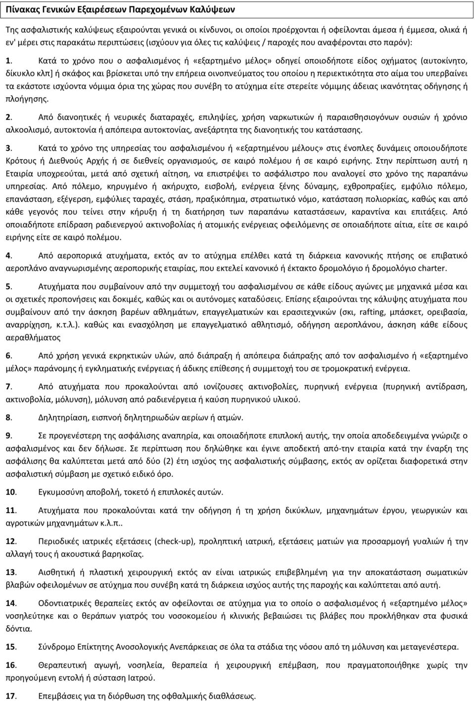 Κατά το χρόνο που ο αςφαλιςμζνοσ ι «εξαρτθμζνο μζλοσ» οδθγεί οποιοδιποτε είδοσ οχιματοσ (αυτοκίνθτο, δίκυκλο κλπ] ι ςκάφοσ και βρίςκεται υπό τθν επιρεια οινοπνεφματοσ του οποίου θ περιεκτικότθτα ςτο