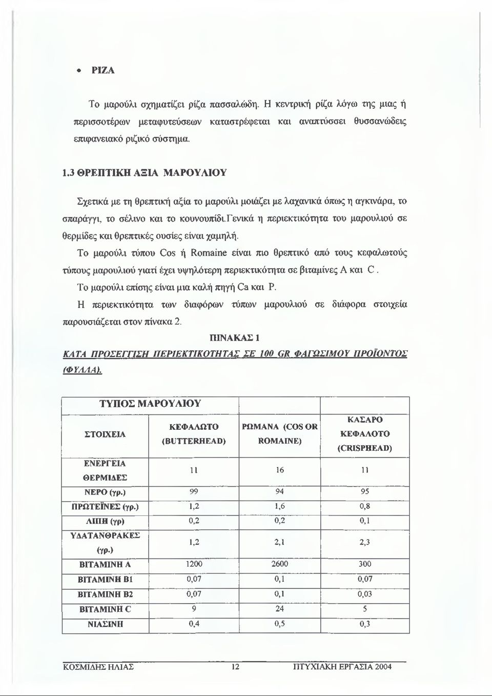 γενικά η περιεκτικότητα του μαρουλιού σε θερμίδες και θρεπτικές ουσίες είναι χαμηλή.