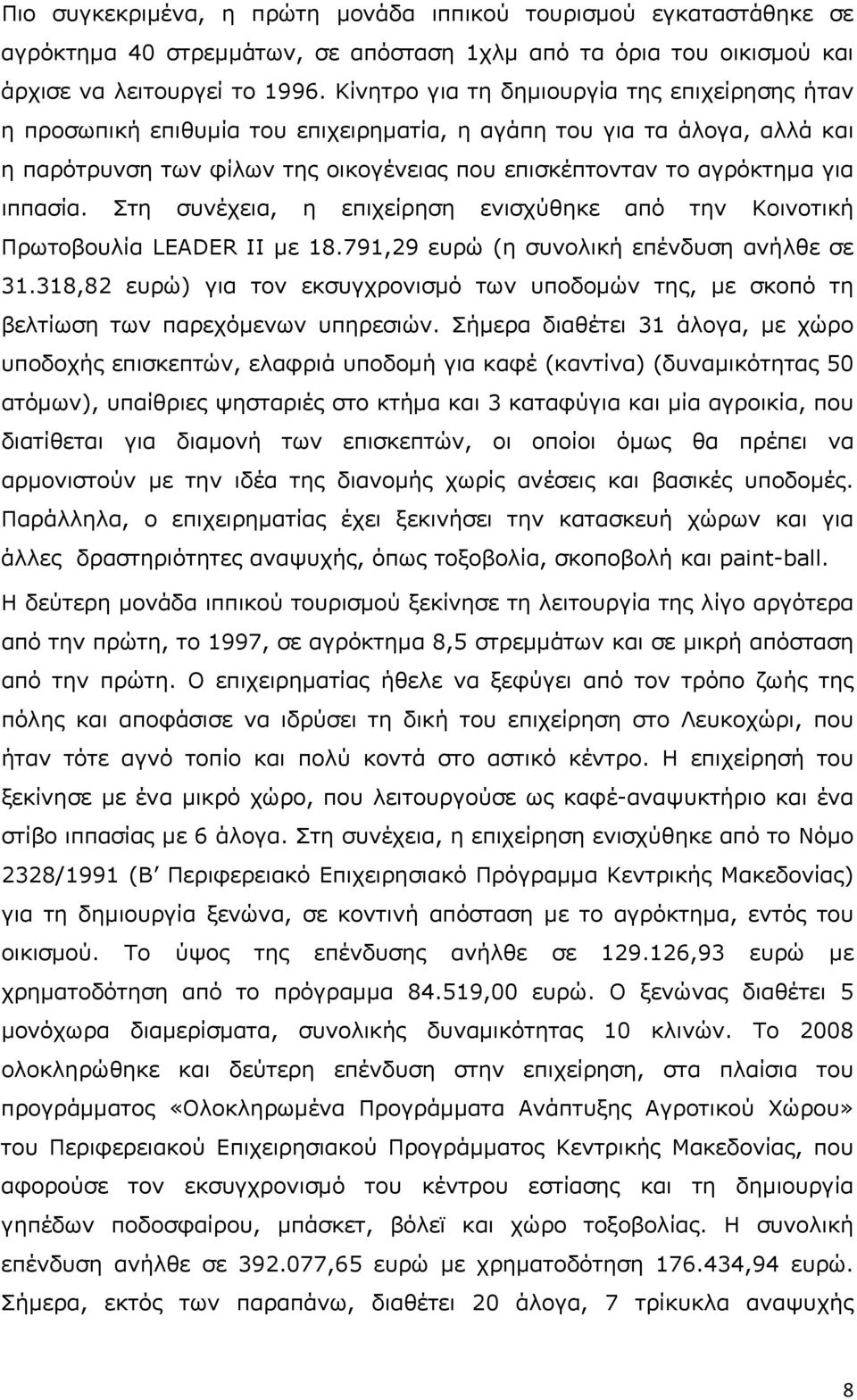 ιππασία. Στη συνέχεια, η επιχείρηση ενισχύθηκε από την Κοινοτική Πρωτοβουλία LEADER II με 18.791,29 ευρώ (η συνολική επένδυση ανήλθε σε 31.