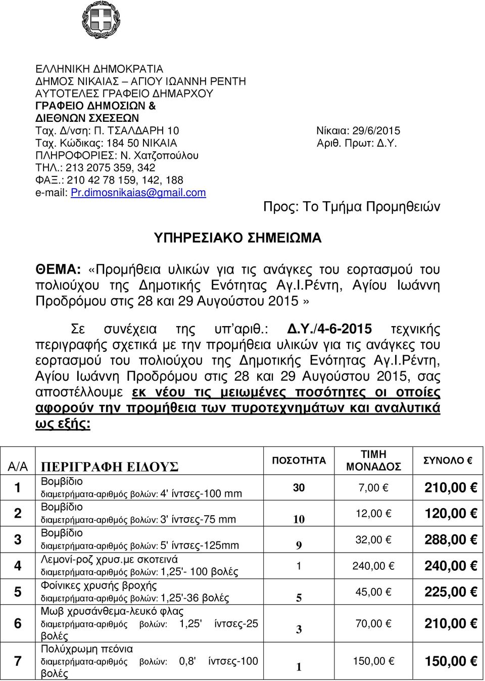 com ΥΠΗΡΕΣΙΑΚΟ ΣΗΜΕΙΩΜΑ Προς: Το Τµήµα Προµηθειών ΘΕΜΑ: «Προµήθεια υλικών για τις ανάγκες του εορτασµού του πολιούχου της ηµοτικής Ενότητας Αγ.Ι.Ρέντη, Αγίου Ιωάννη Προδρόµου στις 28 και 29 Αυγούστου 2015» Σε συνέχεια της υπ αριθ.