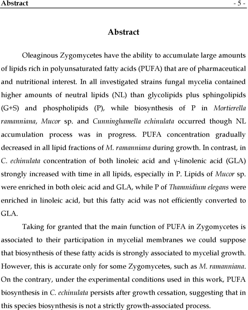 ramanniana, Mucor sp. and Cunninghamella echinulata occurred though NL accumulation process was in progress. PUFA concentration gradually decreased in all lipid fractions of M.