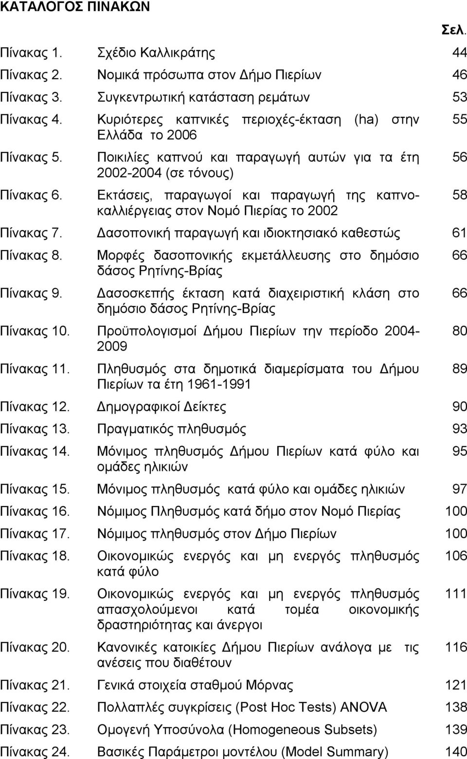 Πιερίας το 2002 Πίνακας 7. Δασοπονική παραγωγή και ιδιοκτησιακό καθεστώς 61 Πίνακας 8. Πίνακας 9.