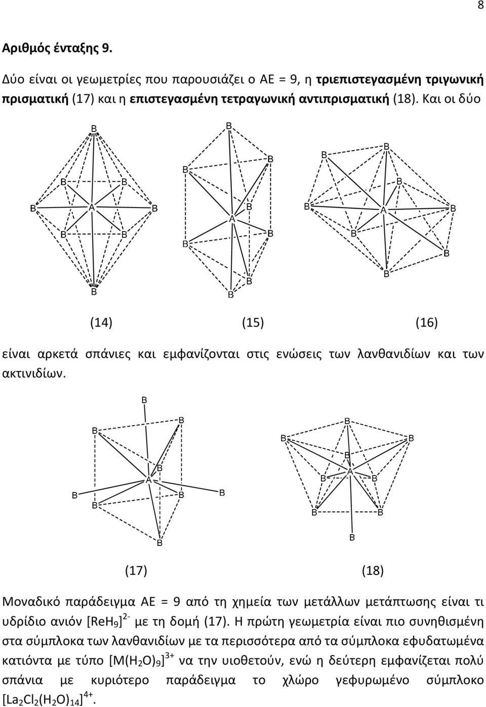 (17) (18) Μοναδικό παράδειγμα ΑΕ = 9 από τη χημεία των μετάλλων μετάπτωσης είναι τι υδρίδιο ανιόν [ReH 9 ] 2 με τη δομή (17).