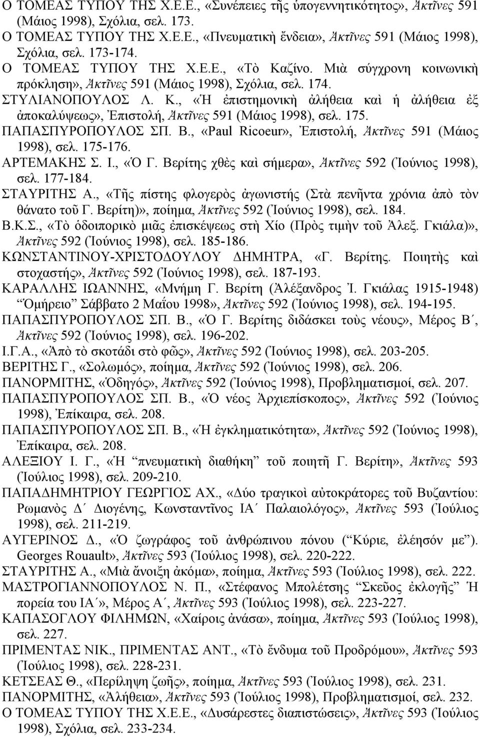 175. ΠΑΠΑΣΠΥΡΟΠΟΥΛΟΣ ΣΠ. Β., «Paul Ricoeur», Ἐπιστολή, Ἀκτῖνες 591 (Μάιος 1998), σελ. 175-176. ΑΡΤΕΜΑΚΗΣ Σ. Ι., «Ὁ Γ. Βερίτης χθὲς καὶ σήμερα», Ἀκτῖνες 592 (Ἰούνιος 1998), σελ. 177-184. ΣΤΑΥΡΙΤΗΣ Α.