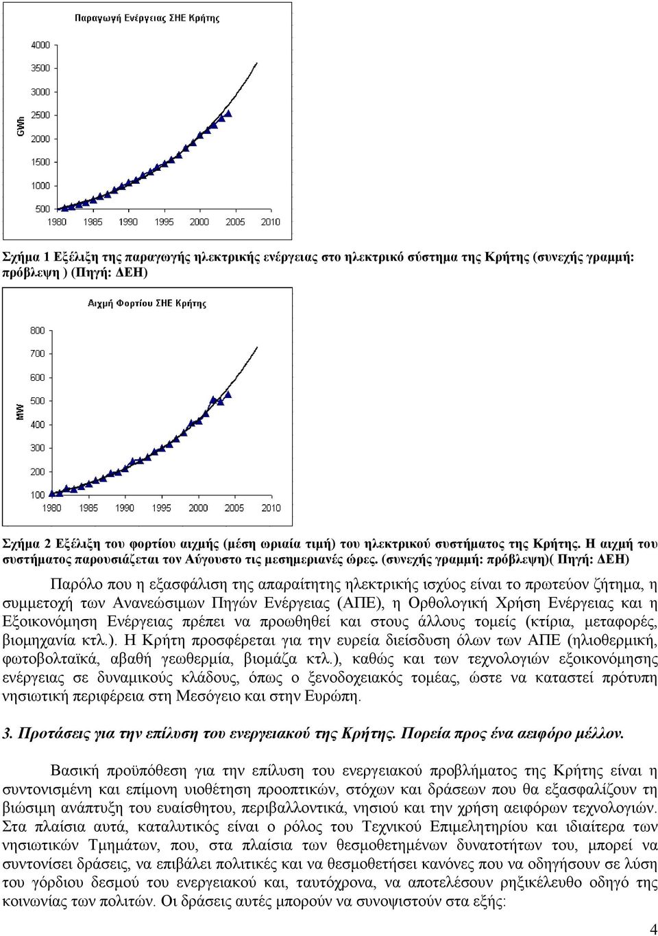 (συνεχής γραµµή: πρόβλεψη)( Πηγή: ΕΗ) Παρόλο που η εξασφάλιση της απαραίτητης ηλεκτρικής ισχύος είναι το πρωτεύον ζήτηµα, η συµµετοχή των Ανανεώσιµων Πηγών Ενέργειας (ΑΠΕ), η Ορθολογική Χρήση