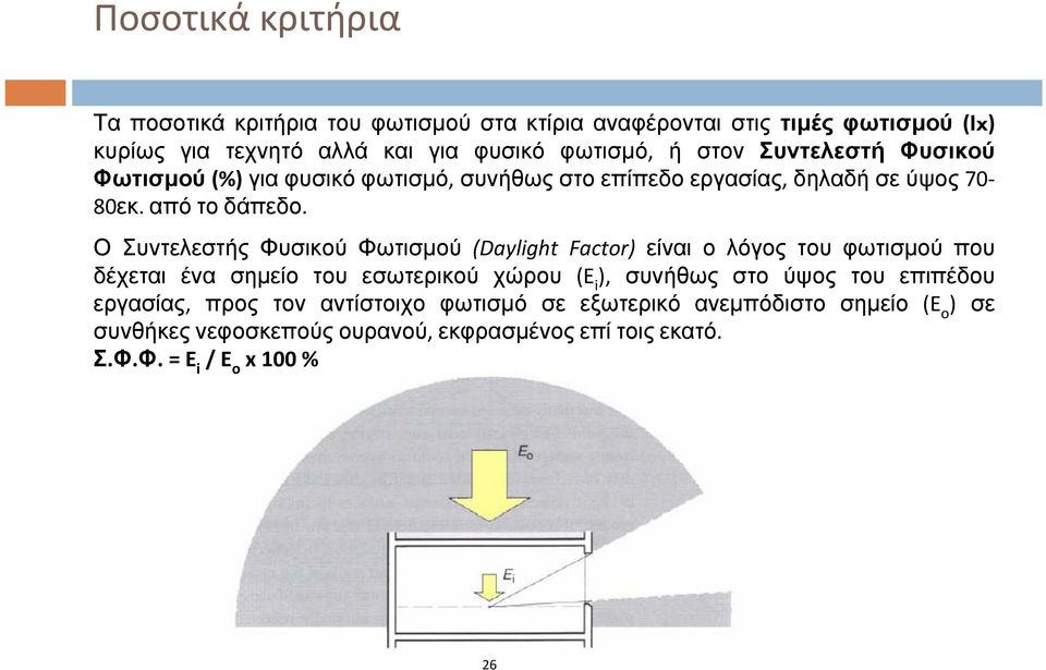 Ο Συντελεστής Φυσικού Φωτισμού (Daylight Factor) είναι ο λόγος του φωτισμού που δέχεται ένα σημείο του εσωτερικού χώρου (E i ), συνήθως στο ύψος του