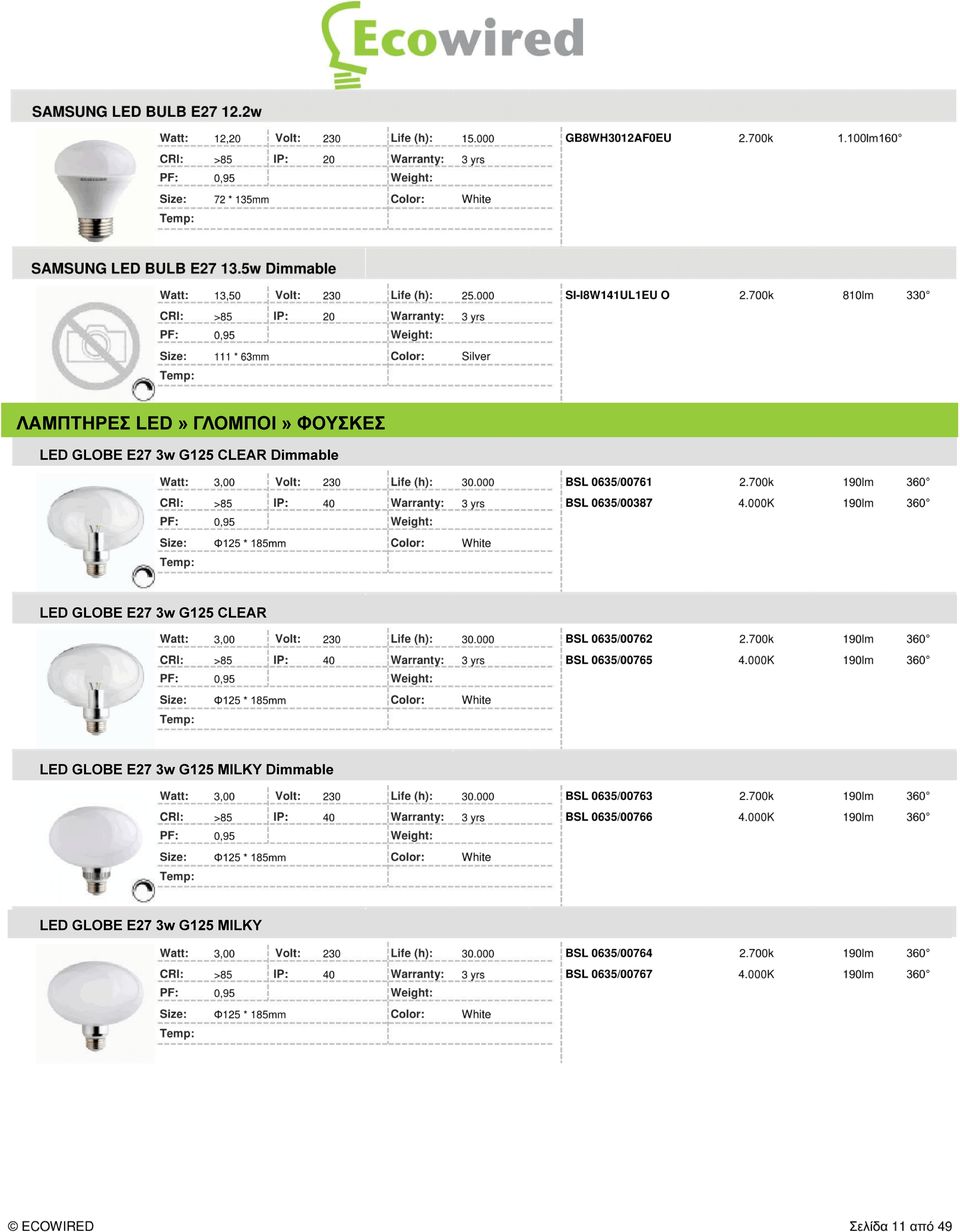 GLOBE E27 3w G125 CLEAR LED GLOBE E27 3w