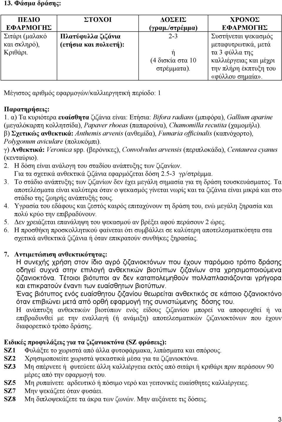 Μέγιστος αριθµός εφαρµογών/καλλιεργητική περίοδο: 1 Παρατηρήσεις: 1.