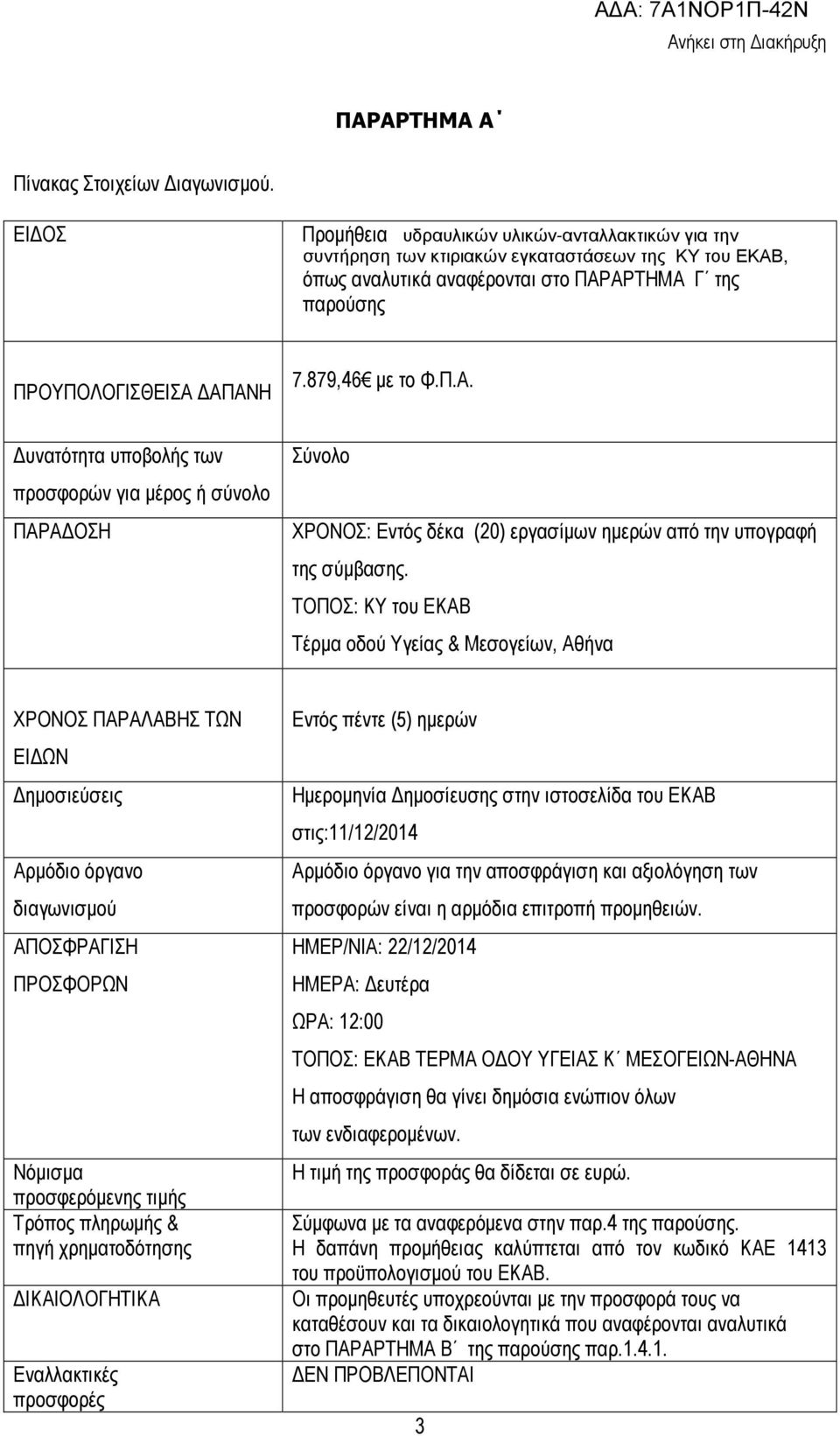 879,46 µε το Φ.Π.Α. υνατότητα υποβολής των προσφορών για µέρος ή σύνολο ΠΑΡΑ ΟΣΗ Σύνολο ΧΡΟΝΟΣ: Εντός δέκα () εργασίµων ηµερών από την υπογραφή της σύµβασης.