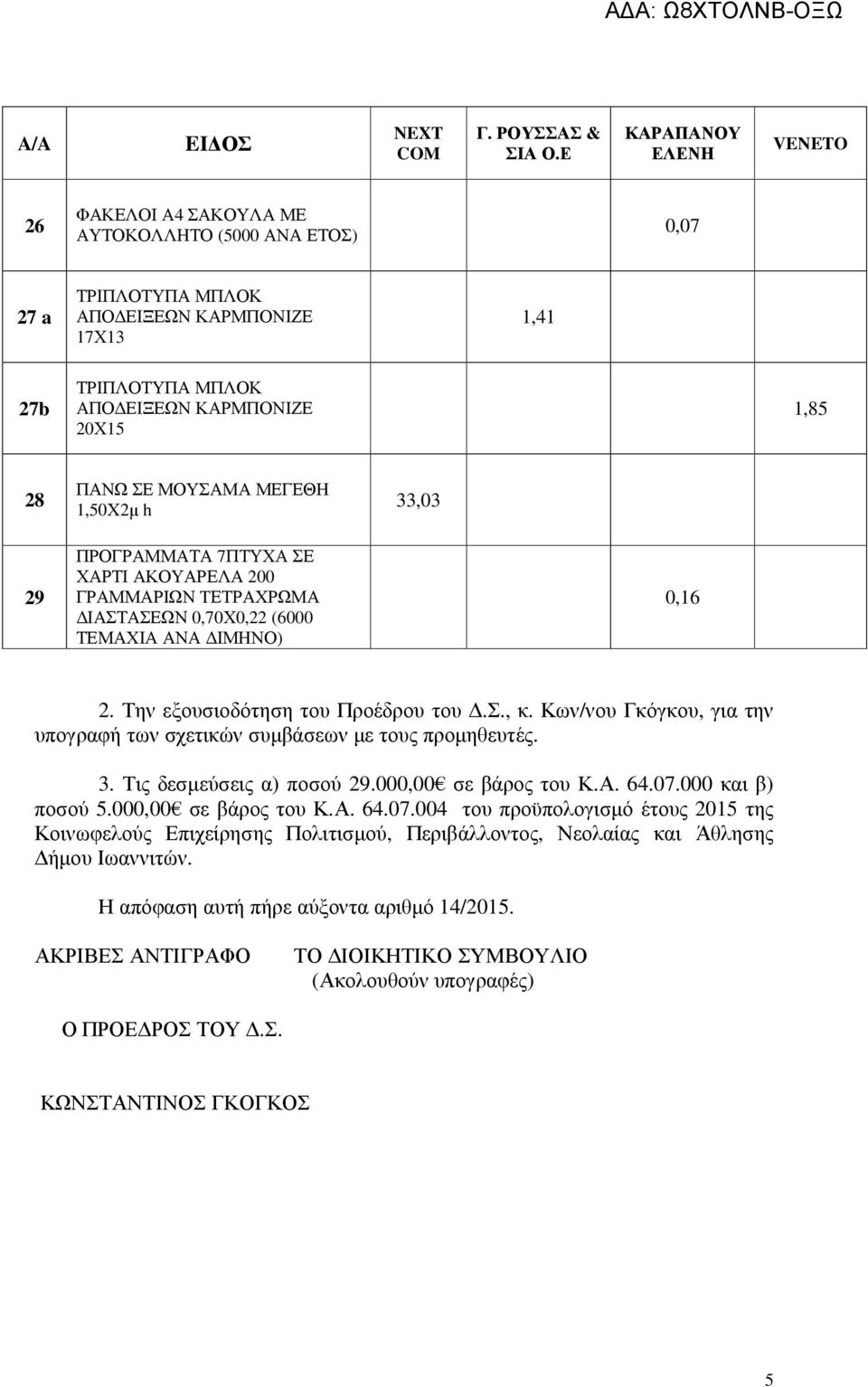 Κων/νου Γκόγκου, για την υπογραφή των σχετικών συµβάσεων µε τους προµηθευτές. 3. Τις δεσµεύσεις α) ποσού 29.000,00 σε βάρος του Κ.Α. 64.07.