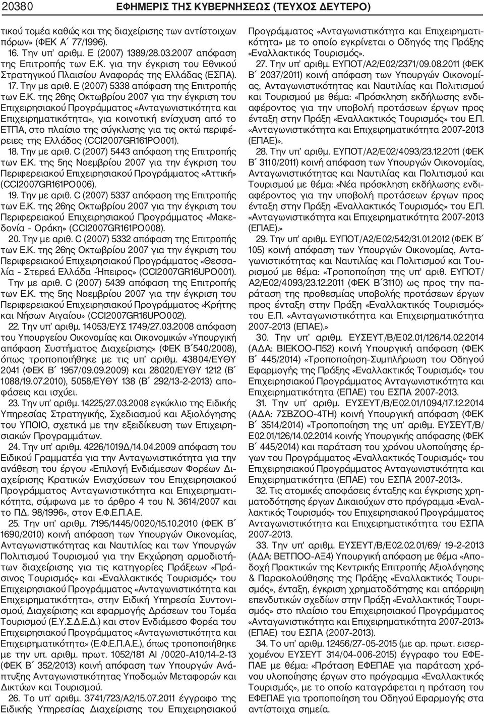 της 26ης Οκτωβρίου 2007 για την έγκριση του Επιχειρησιακού Προγράμματος «Ανταγωνιστικότητα και Επιχειρηματικότητα», για κοινοτική ενίσχυση από το ΕΤΠΑ, στο πλαίσιο της σύγκλισης για τις οκτώ περιφέ