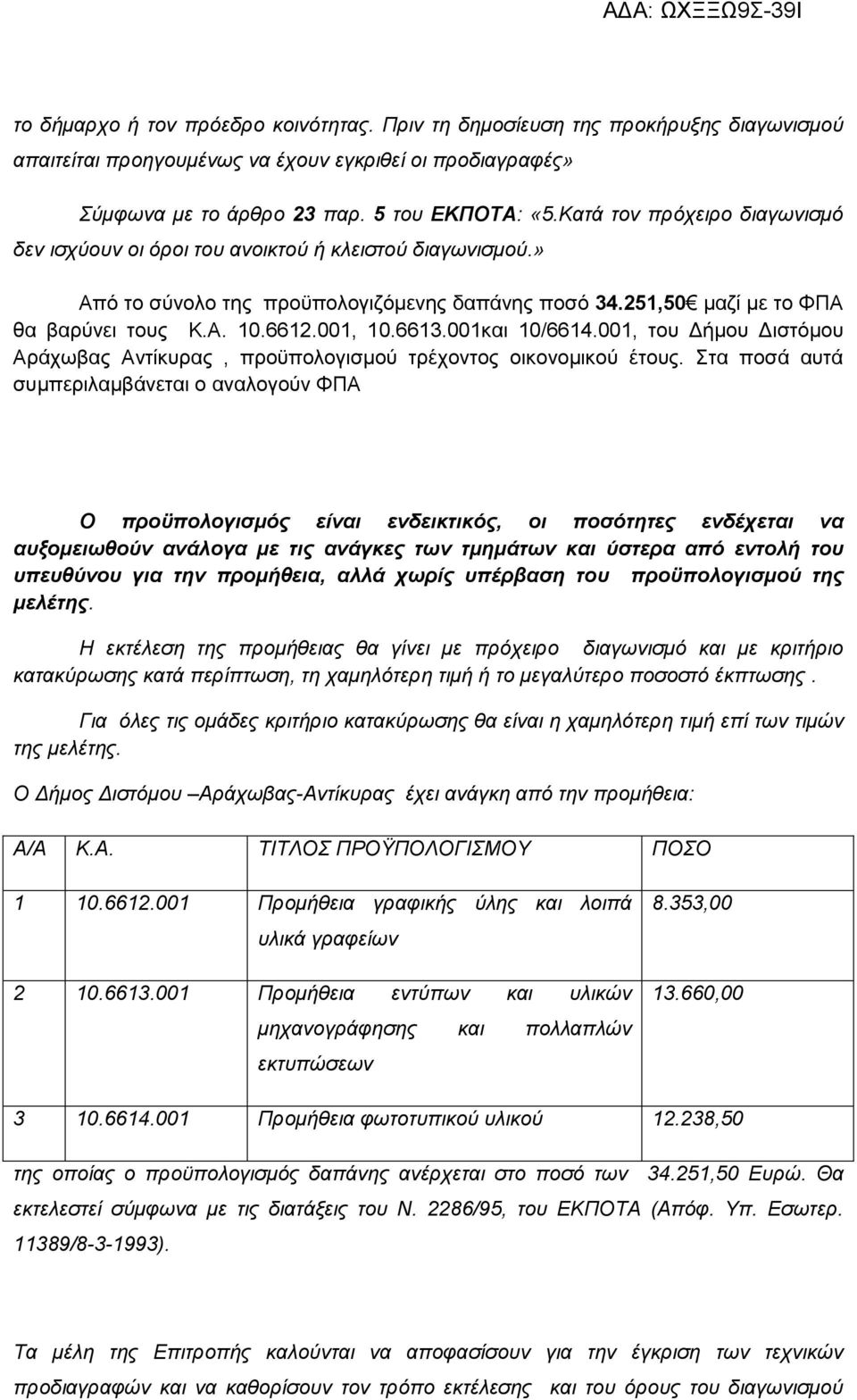 6613.001και 10/6614.001, του Δήμου Διστόμου Αράχωβας Αντίκυρας, προϋπολογισμού τρέχοντος οικονομικού έτους.