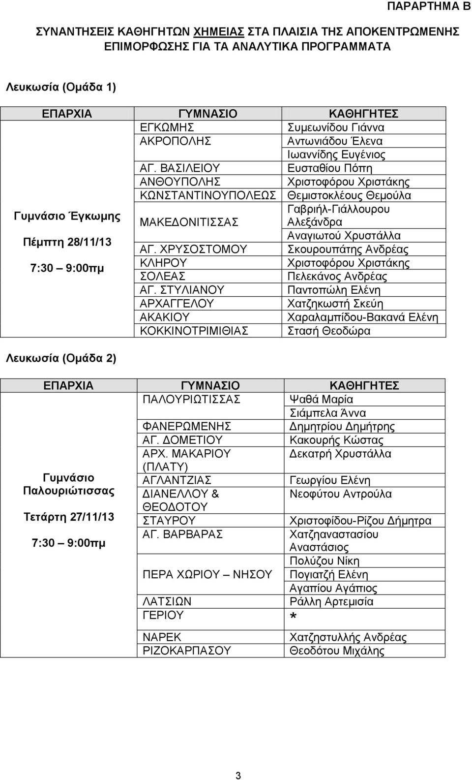 ΒΑΣΙΛΕΙΟΥ Ευσταθίου Πόπη ΑΝΘΟΥΠΟΛΗΣ Χριστοφόρου Χριστάκης ΚΩΝΣΤΑΝΤΙΝΟΥΠΟΛΕΩΣ Θεμιστοκλέους Θεμούλα Έγκωμης Πέμπτη 28/11/13 Γαβριήλ-Γιάλλουρου ΜΑΚΕΔΟΝΙΤΙΣΣΑΣ Αλεξάνδρα Αναγιωτού Χρυστάλλα ΑΓ.