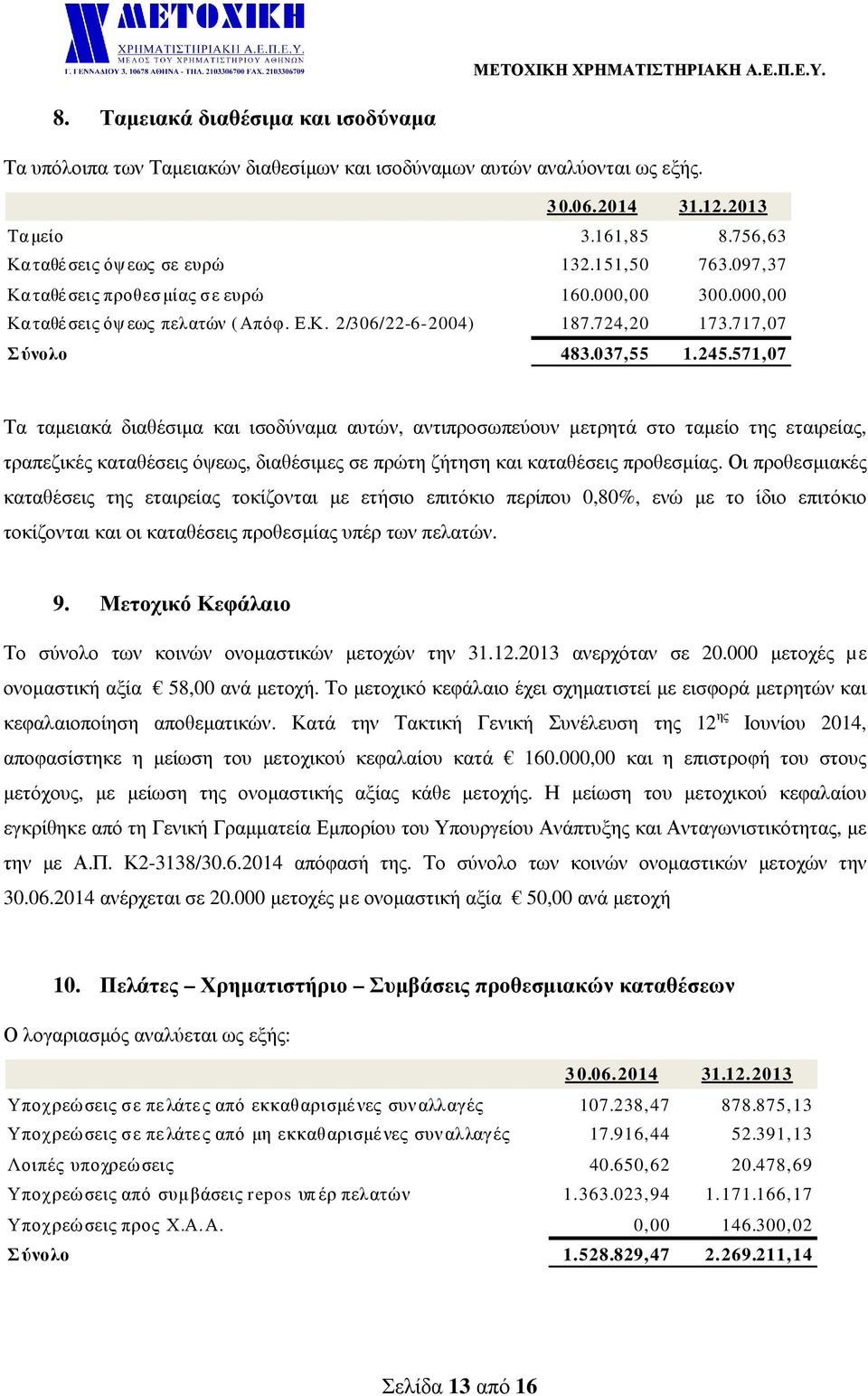 571,07 Τα ταµειακά διαθέσιµα και ισοδύναµα αυτών, αντιπροσωπεύουν µετρητά στο ταµείο της εταιρείας, τραπεζικές καταθέσεις όψεως, διαθέσιµες σε πρώτη ζήτηση και καταθέσεις προθεσµίας.