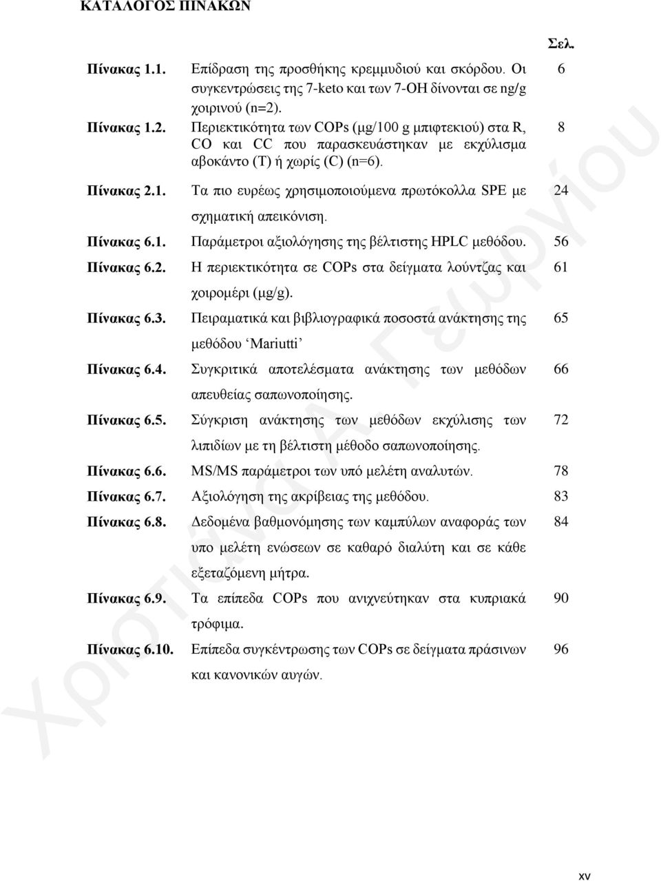 Πίνακας 6.1. Παράμετροι αξιολόγησης της βέλτιστης HPLC μεθόδου. 56 Πίνακας 6.2. Πίνακας 6.3. Πίνακας 6.4. Πίνακας 6.5. Η περιεκτικότητα σε COPs στα δείγματα λούντζας και χοιρομέρι (μg/g).