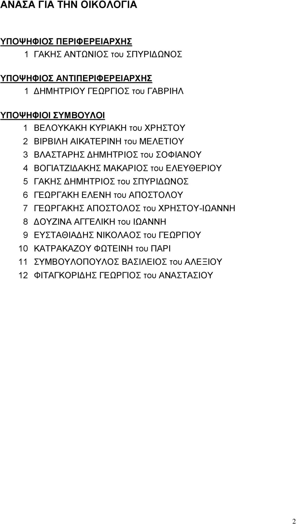 ΣΠΥΡΙΔΩΝΟΣ 6 ΓΕΩΡΓΑΚΗ ΕΛΕΝΗ του ΑΠΟΣΤΟΛΟΥ 7 ΓΕΩΡΓΑΚΗΣ ΑΠΟΣΤΟΛΟΣ του ΧΡΗΣΤΟΥ-ΙΩΑΝΝΗ 8 ΔΟΥΖΙΝΑ ΑΓΓΕΛΙΚΗ του ΙΩΑΝΝΗ 9 ΕΥΣΤΑΘΙΑΔΗΣ