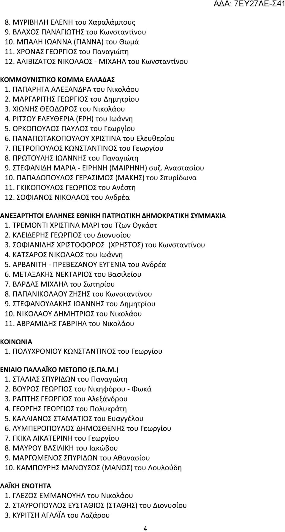 ΡΙΤΣΟΥ ΕΛΕΥΘΕΡΙΑ (ΕΡΗ) του Ιωάννη 5. ΟΡΚΟΠΟΥΛΟΣ ΠΑΥΛΟΣ του Γεωργίου 6. ΠΑΝΑΓΙΩΤΑΚΟΠΟΥΛΟΥ ΧΡΙΣΤΙΝΑ του Ελευθερίου 7. ΠΕΤΡΟΠΟΥΛΟΣ ΚΩΝΣΤΑΝΤΙΝΟΣ του Γεωργίου 8. ΠΡΩΤΟΥΛΗΣ ΙΩΑΝΝΗΣ του Παναγιώτη 9.