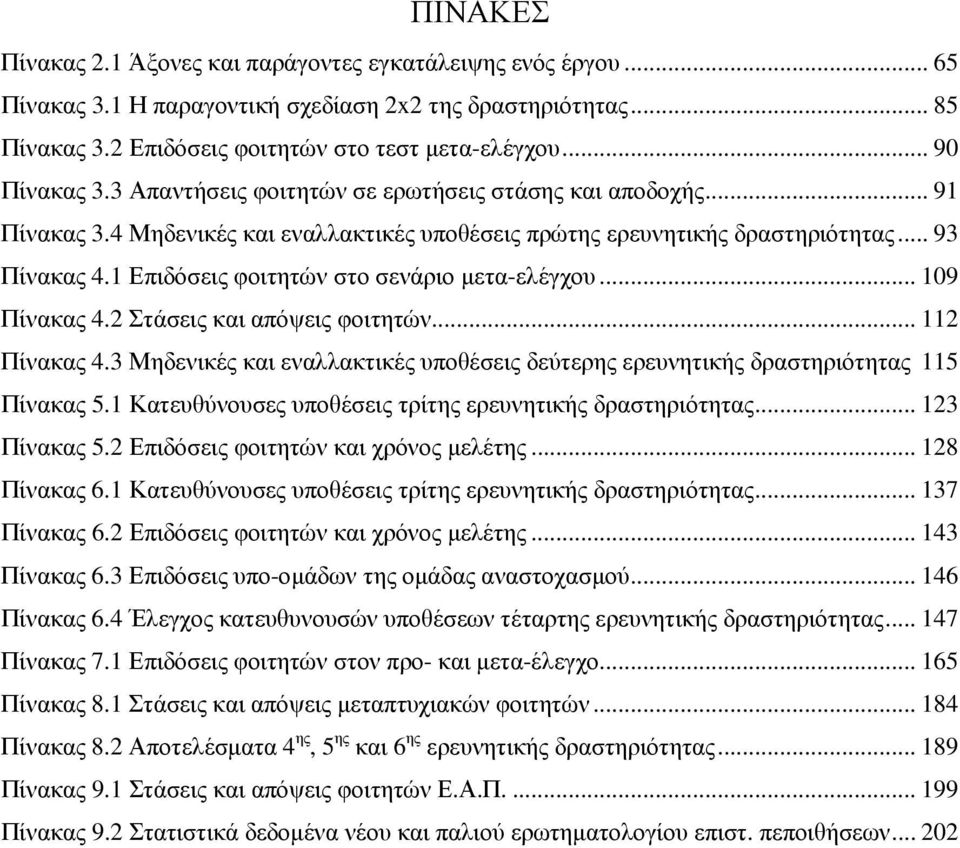 1 Επιδόσεις φοιτητών στο σενάριο µετα-ελέγχου... 109 Πίνακας 4.2 Στάσεις και απόψεις φοιτητών... 112 Πίνακας 4.3 Μηδενικές και εναλλακτικές υποθέσεις δεύτερης ερευνητικής δραστηριότητας 115 Πίνακας 5.