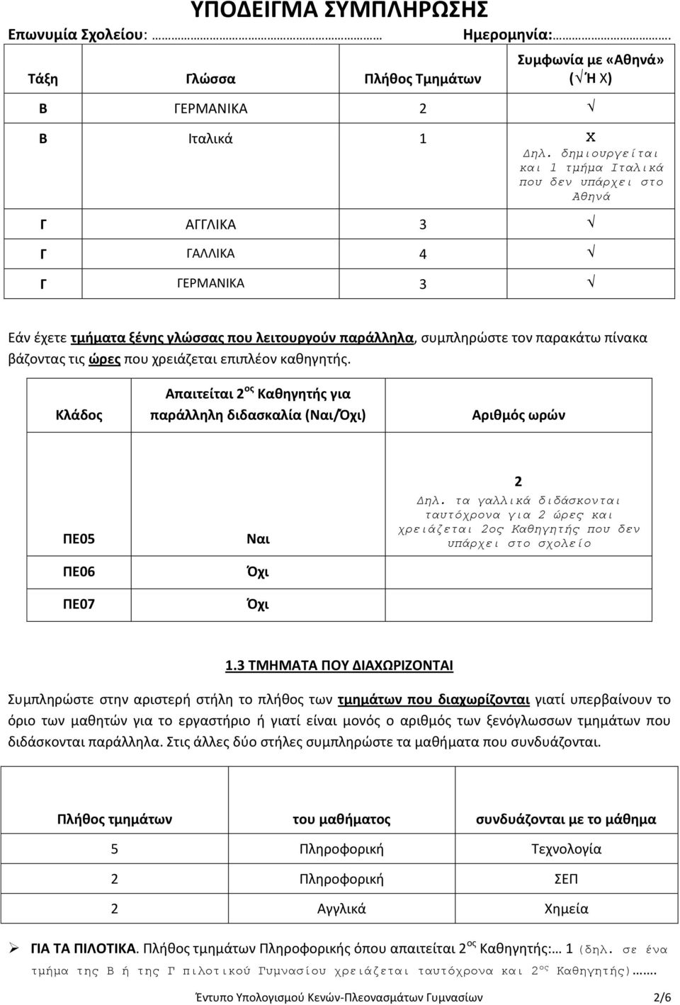 τις ώρες που χρειάζεται επιπλέον καθηγητής. Απαιτείται 2 ος Καθηγητής για παράλληλη διδασκαλία (Ναι/Όχι) Αριθμός ωρών ΠΕ05 ΠΕ06 ΠΕ07 Ναι Όχι Όχι 2 Δηλ.