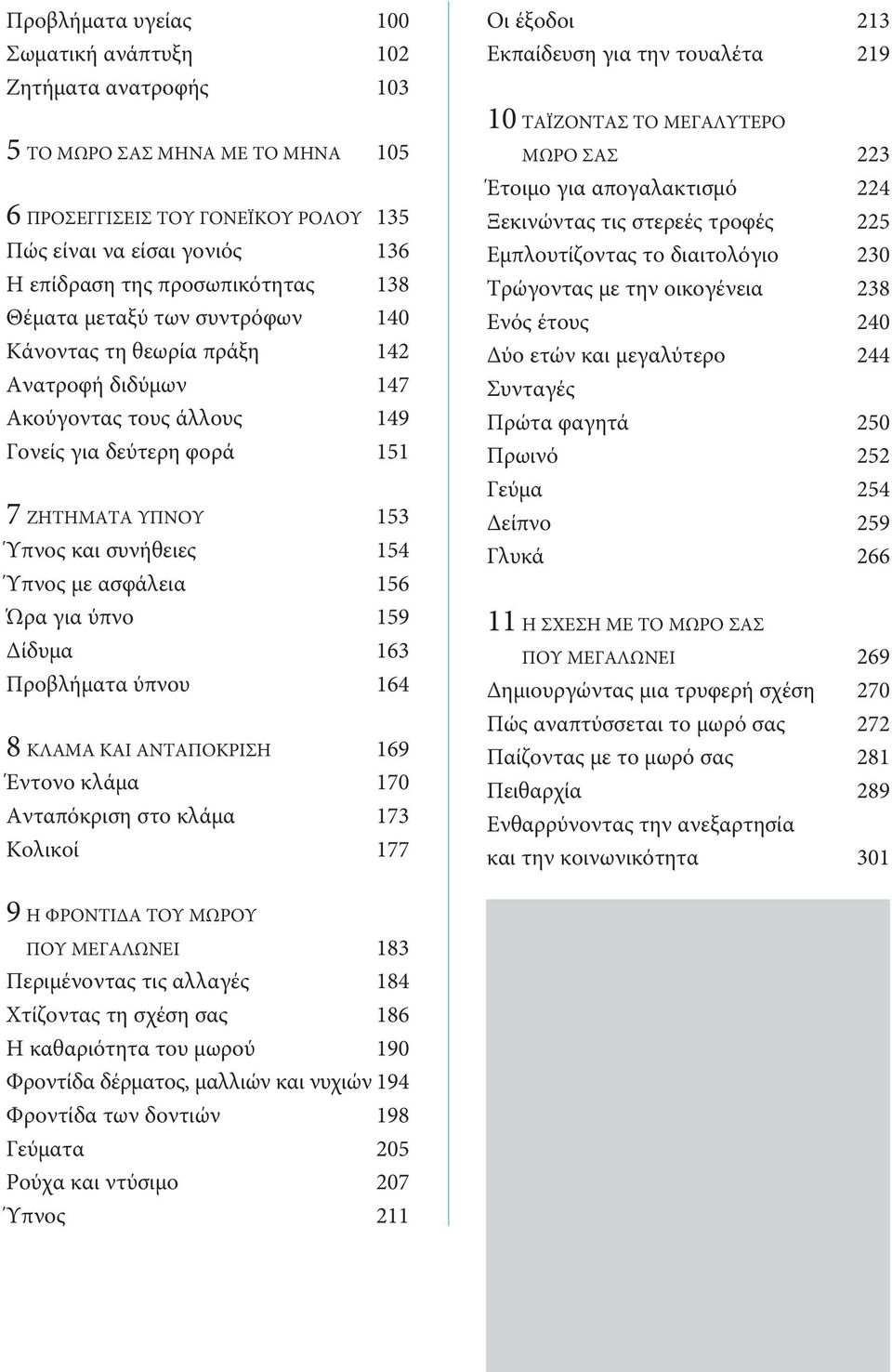 ασφάλεια 156 Ώρα για ύπνο 159 Δίδυμα 163 Προβλήματα ύπνου 164 8 ΚλΑΜΑ ΚΑΙ ΑΝτΑΠΟΚΡΙΣΗ 169 Έντονο κλάμα 170 Ανταπόκριση στο κλάμα 173 Κολικοί 177 Οι έξοδοι 213 Εκπαίδευση για την τουαλέτα 219 10