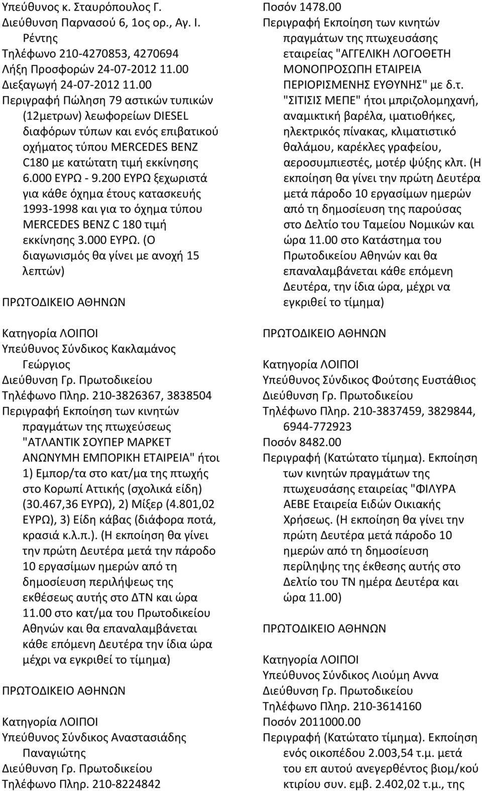 200 ΕΥΡΩ ξεχωριστά για κάθε όχημα έτους κατασκευής 1993 1998 και για το όχημα τύπου MERCEDES BENZ C 180 τιμή εκκίνησης 3.000 ΕΥΡΩ.