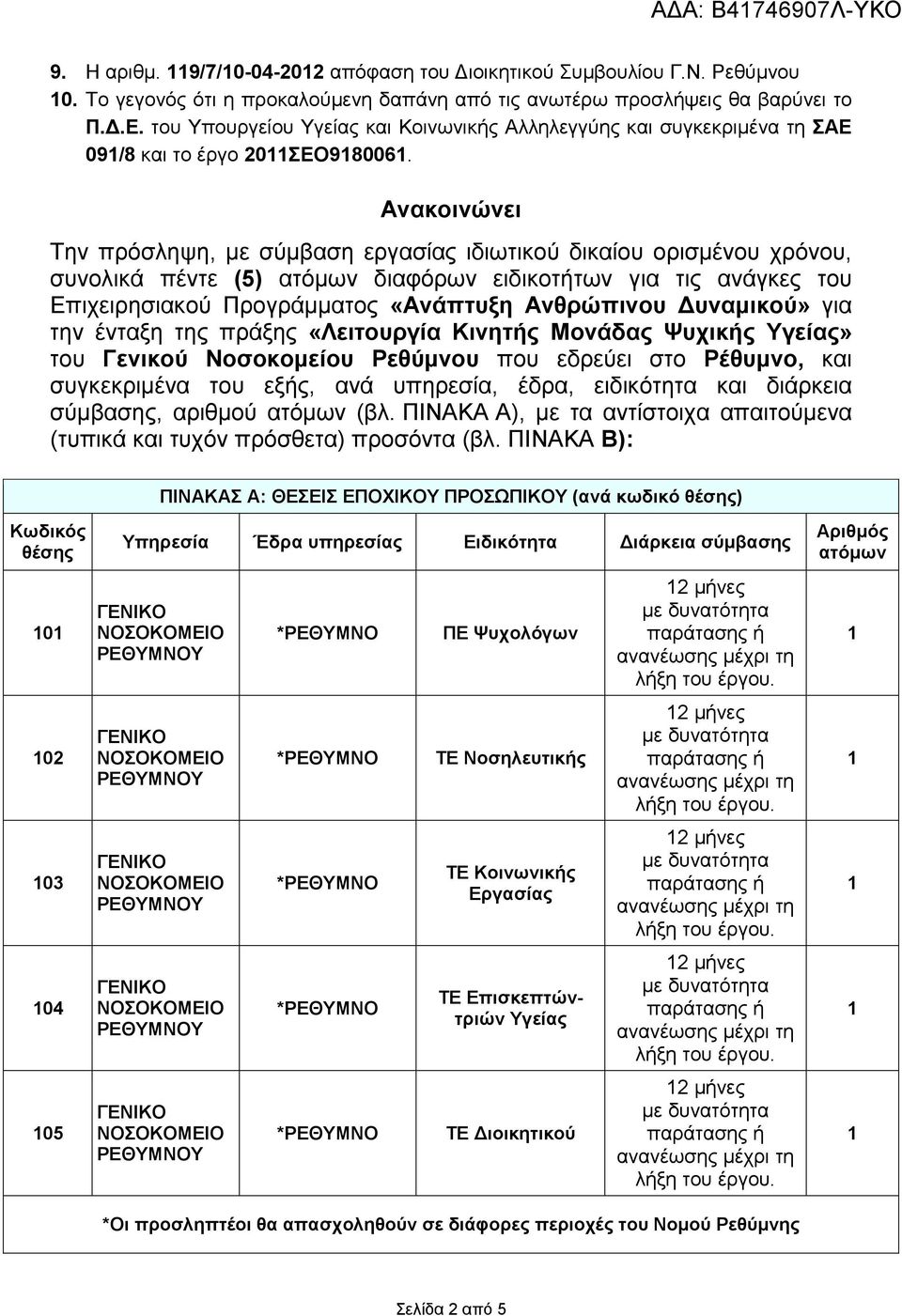 Ανακοινώνει Την πρόσληψη, µε σύµβαση εργασίας ιδιωτικού δικαίου ορισµένου χρόνου, συνολικά πέντε (5) ατόµων διαφόρων ειδικοτήτων για τις ανάγκες του Επιχειρησιακού Προγράµµατος «Ανάπτυξη Ανθρώπινου