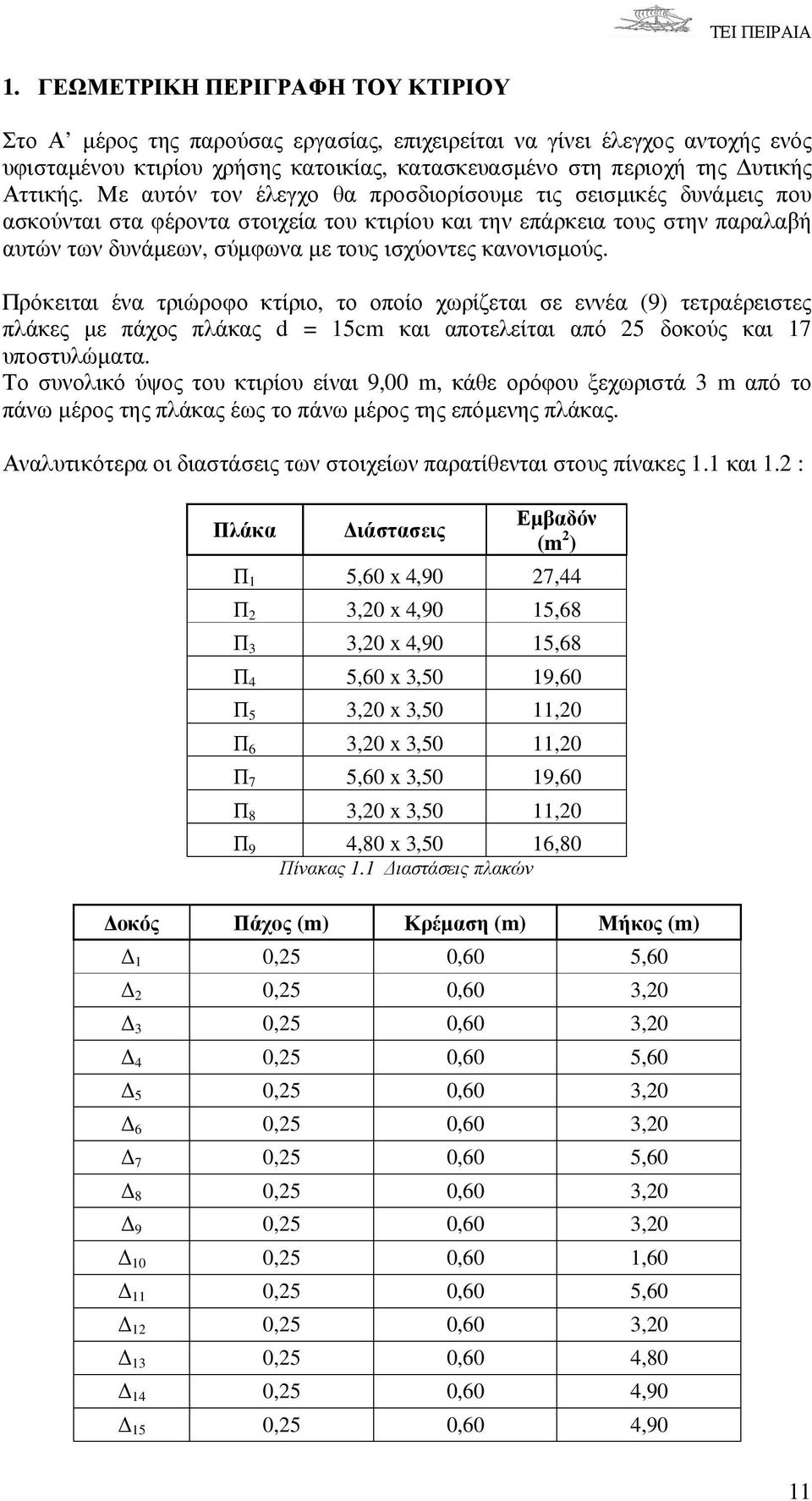 κανονισµούς. Πρόκειται ένα τριώροφο κτίριο, το οποίο χωρίζεται σε εννέα (9) τετραέρειστες πλάκες µε πάχος πλάκας d = 15cm και αποτελείται από 25 δοκούς και 17 υποστυλώµατα.