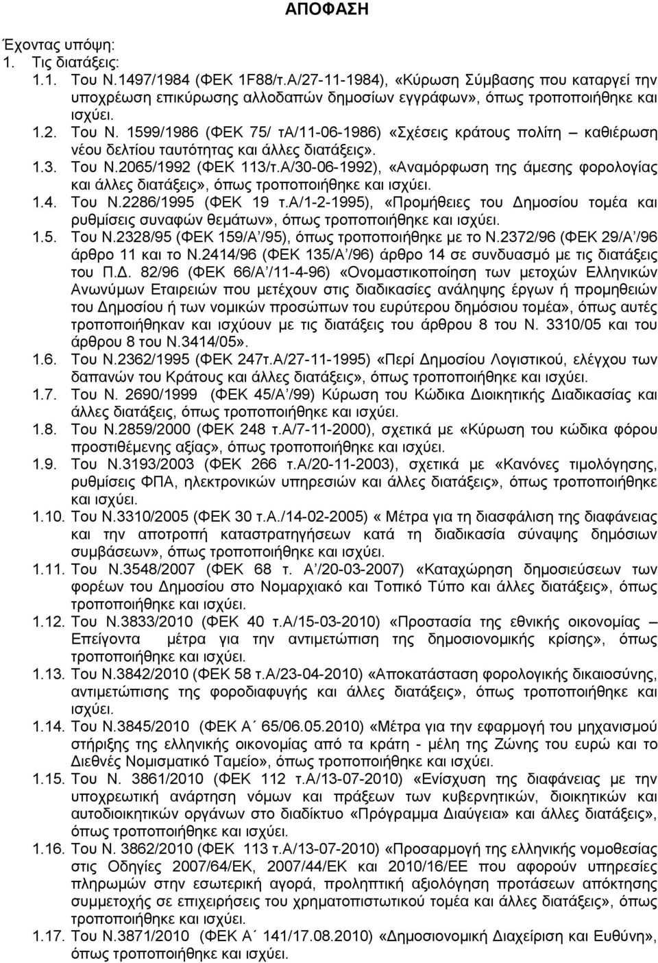 1599/1986 (ΦΕΚ 75/ τα/11-06-1986) «Σχέσεις κράτους πολίτη καθιέρωση νέου δελτίου ταυτότητας και άλλες διατάξεις». 1.3. Του Ν.2065/1992 (ΦΕΚ 113/τ.