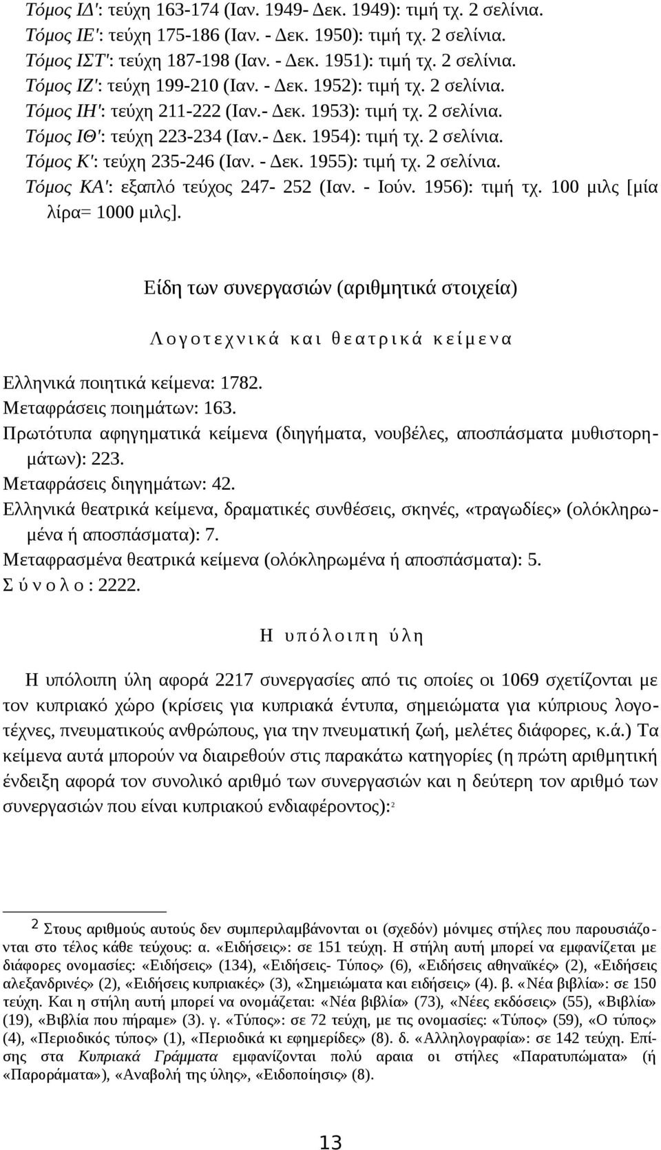 1955): τιμή τχ. 2 σελίνια. Tόμος KA': εξαπλό τεύχος 247-252 (Iαν. - Iούν. 1956): τιμή τχ. 100 μιλς [μία λίρα= 1000 μιλς].