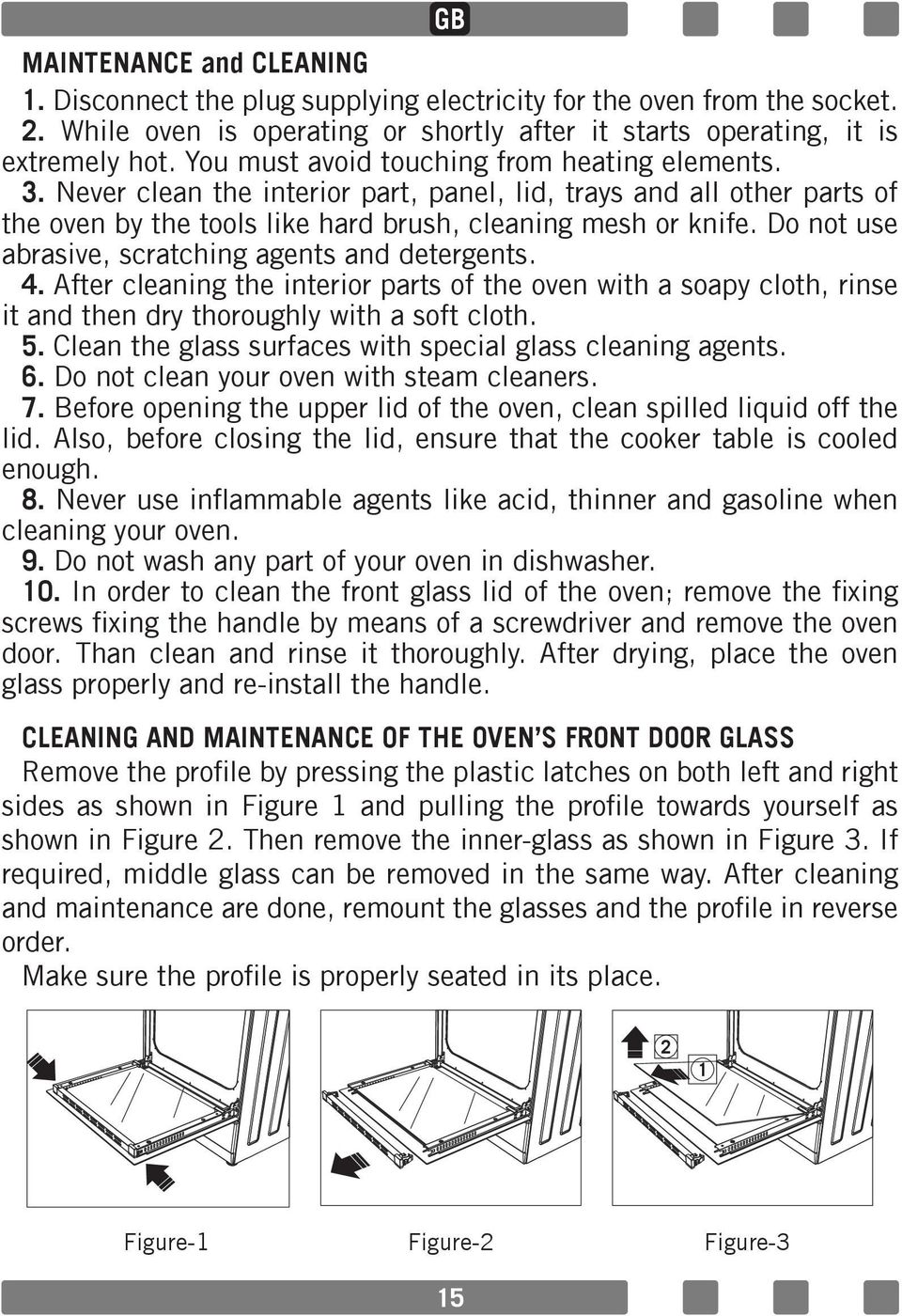 Do not use abrasive, scratching agents and detergents. 4. After cleaning the interior parts of the oven with a soapy cloth, rinse it and then dry thoroughly with a soft cloth. 5.