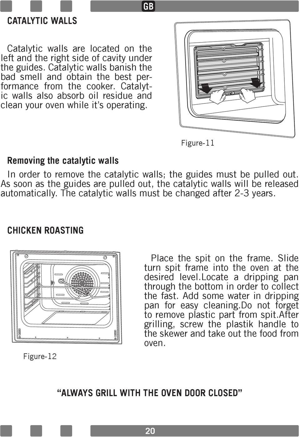 As soon as the guides are pulled out, the catalytic walls will be released automatically. The catalytic walls must be changed after 2-3 years. CHICKEN ROASTING Figure-12 Place the spit on the frame.