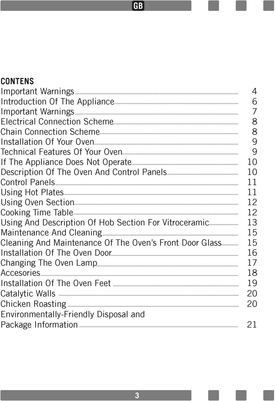 Table 12 Using And Description Of Hob Section For Vitroceramic 13 Maintenance And Cleaning 15 Cleaning And Maintenance Of The Oven s Front Door Glass 15 Installation Of The Oven