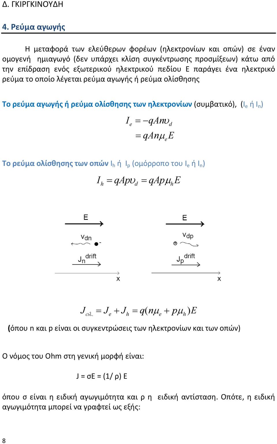= qanμ E Το ρεύμα ολίσθησης των οπών I h ή I p (ομόρροπο του Ι ή Ι n ) I = qapυ = qapμ E h d h Jολ.