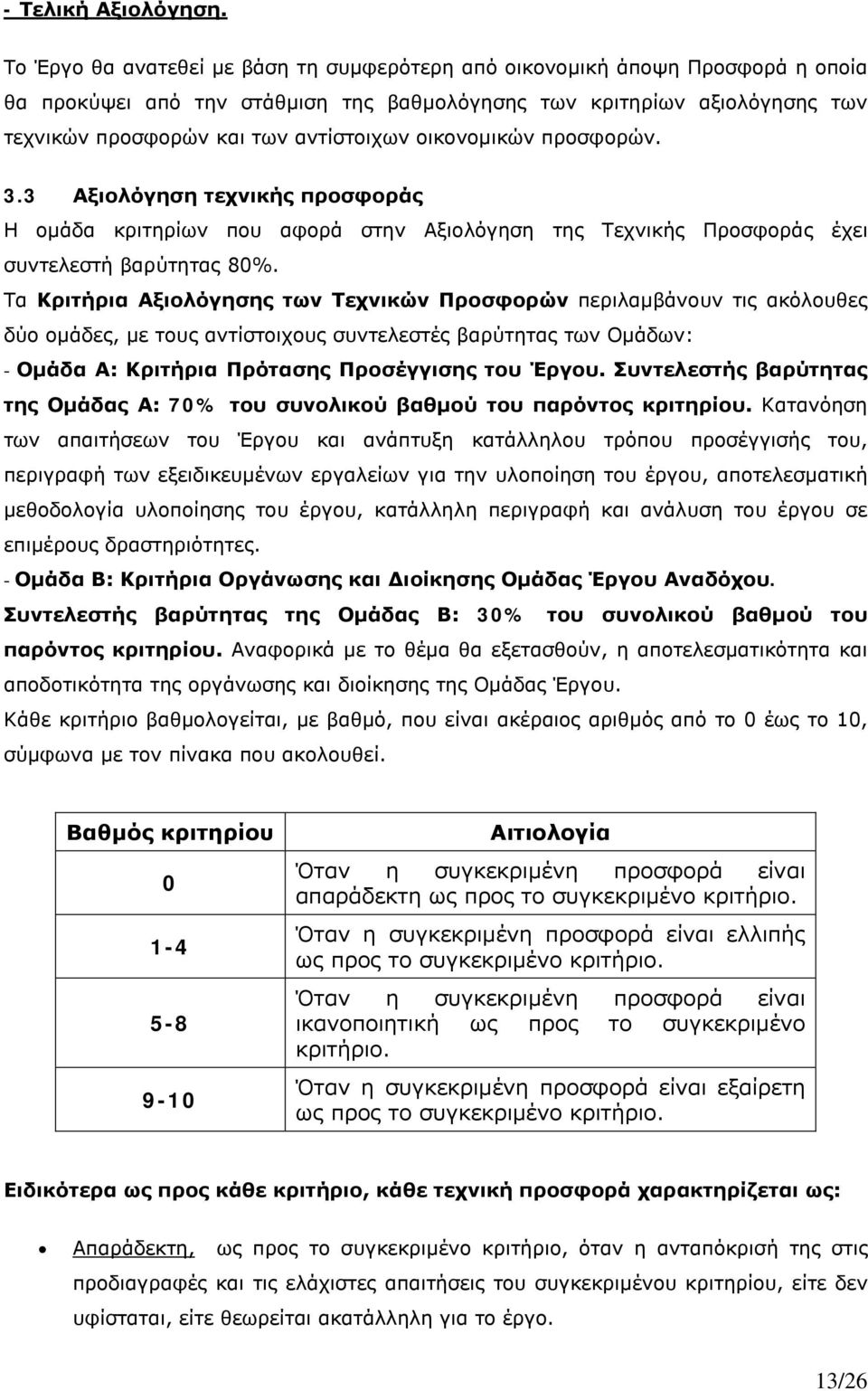 οικονομικών προσφορών. 3.3 Αξιολόγηση τεχνικής προσφοράς Η ομάδα κριτηρίων που αφορά στην Αξιολόγηση της Τεχνικής Προσφοράς έχει συντελεστή βαρύτητας 80%.