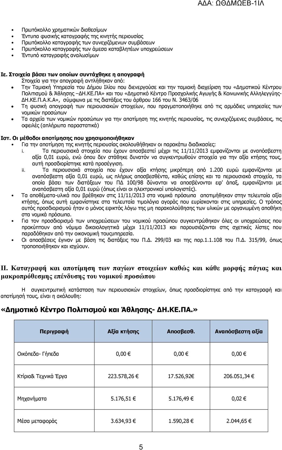 Στοιχεία βάσει των οποίων συντάχθηκε η απογραφή Στοιχεία για την απογραφή αντλήθηκαν από: Την Ταµιακή Υπηρεσία του ήµου Ιλίου που διενεργούσε και την ταµιακή διαχείριση του «ηµοτικού Κέντρου