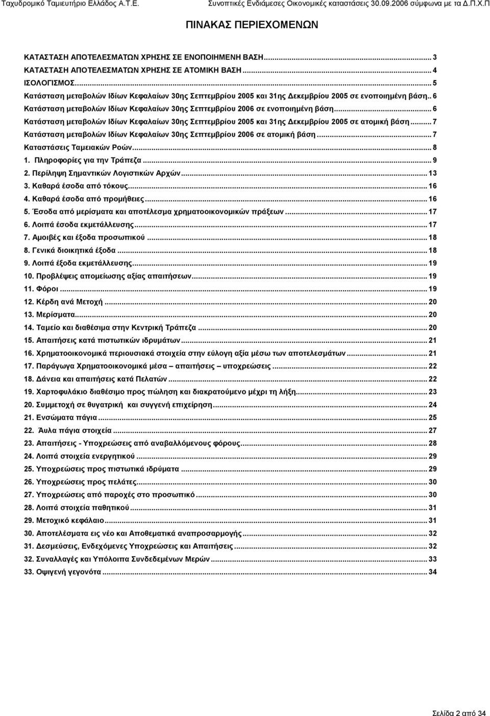 .. 6 Κατάσταση µεταβολών Ιδίων Κεφαλαίων 30ης Σεπτεµβρίου 2005 και 31ης εκεµβρίου 2005 σε ατοµική βάση... 7 Κατάσταση µεταβολών Ιδίων Κεφαλαίων 30ης Σεπτεµβρίου 2006 σε ατοµική βάση.