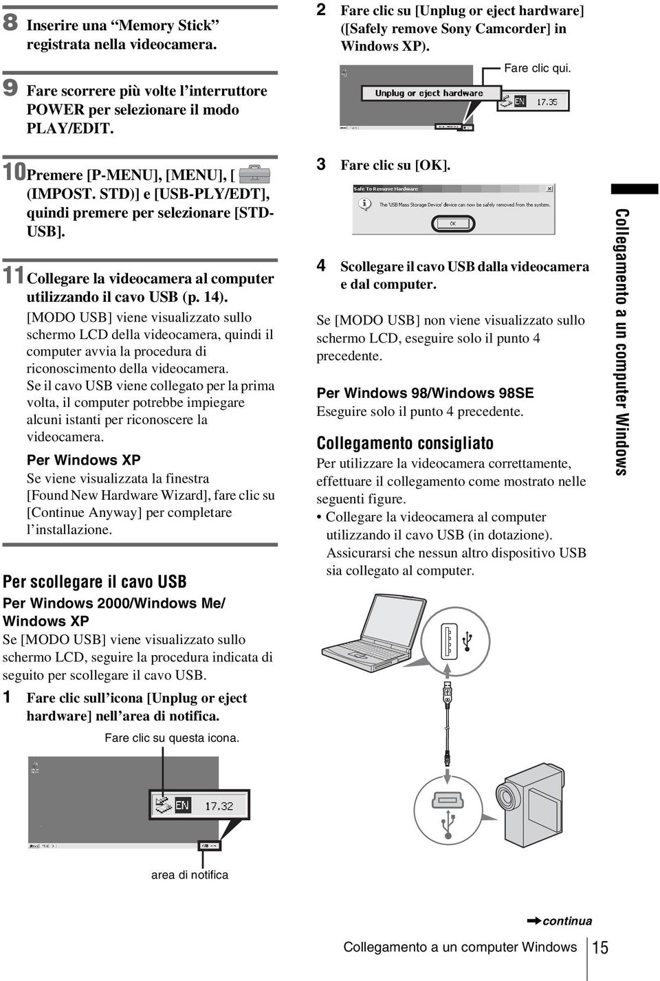 STD)] e [USB-PLY/EDT], quindi premere per selezionare [STD- USB]. 11Collegare la videocamera al computer utilizzando il cavo USB (p. 14).