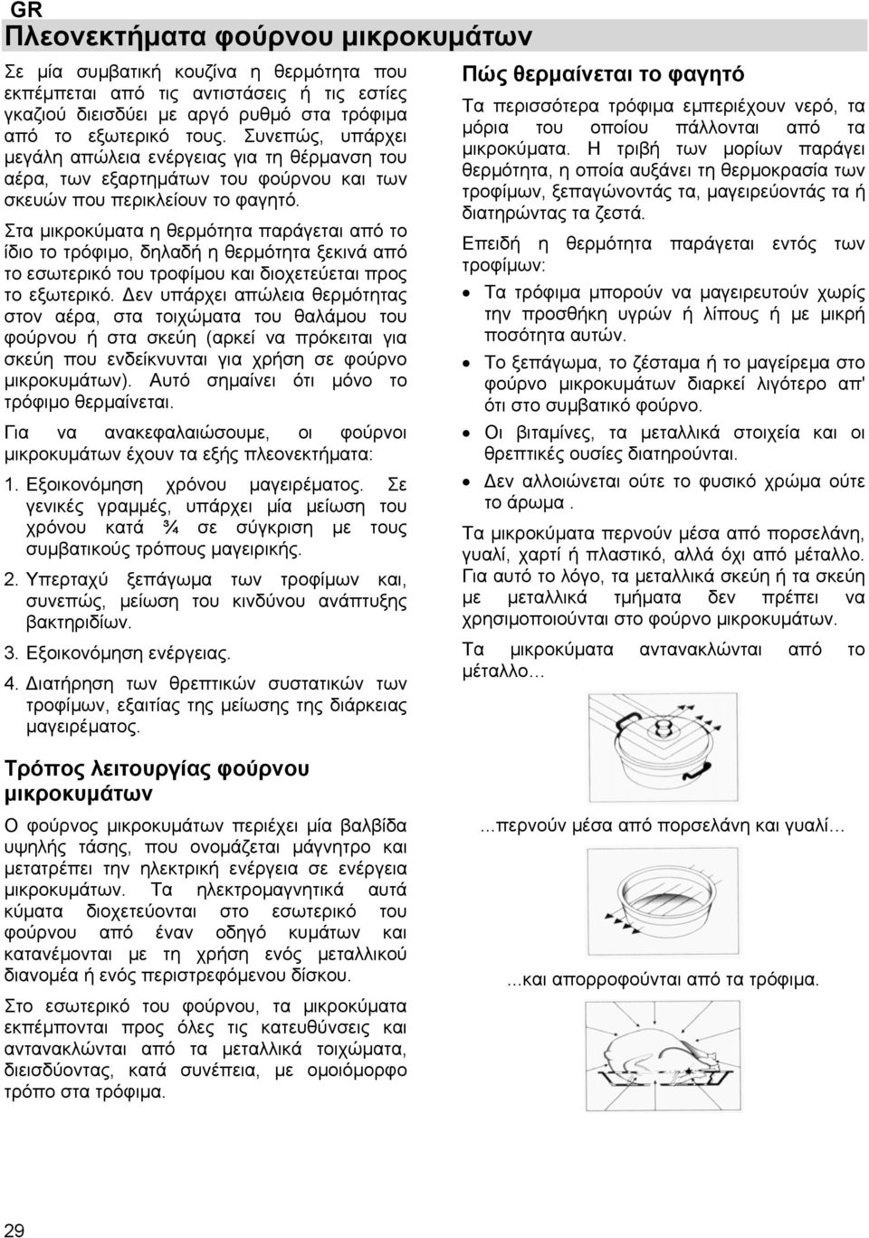 Στα μικροκύματα η θερμότητα παράγεται από το ίδιο το τρόφιμο, δηλαδή η θερμότητα ξεκινά από το εσωτερικό του τροφίμου και διοχετεύεται προς το εξωτερικό.