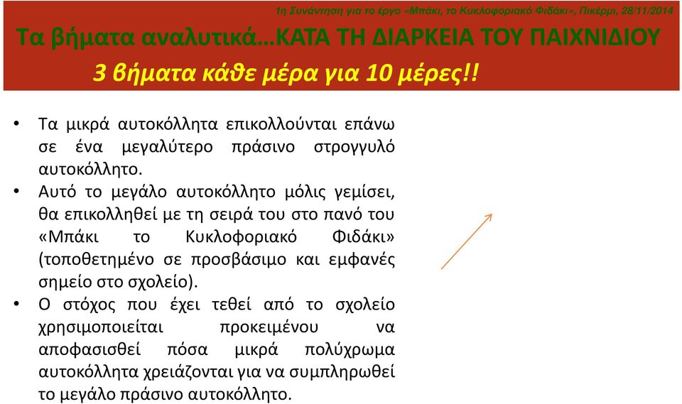 Αυτό το μεγάλο αυτοκόλλητο μόλις γεμίσει, θα επικολληθεί με τη σειρά του στο πανό του «Μπάκι το Κυκλοφοριακό Φιδάκι» (τοποθετημένο